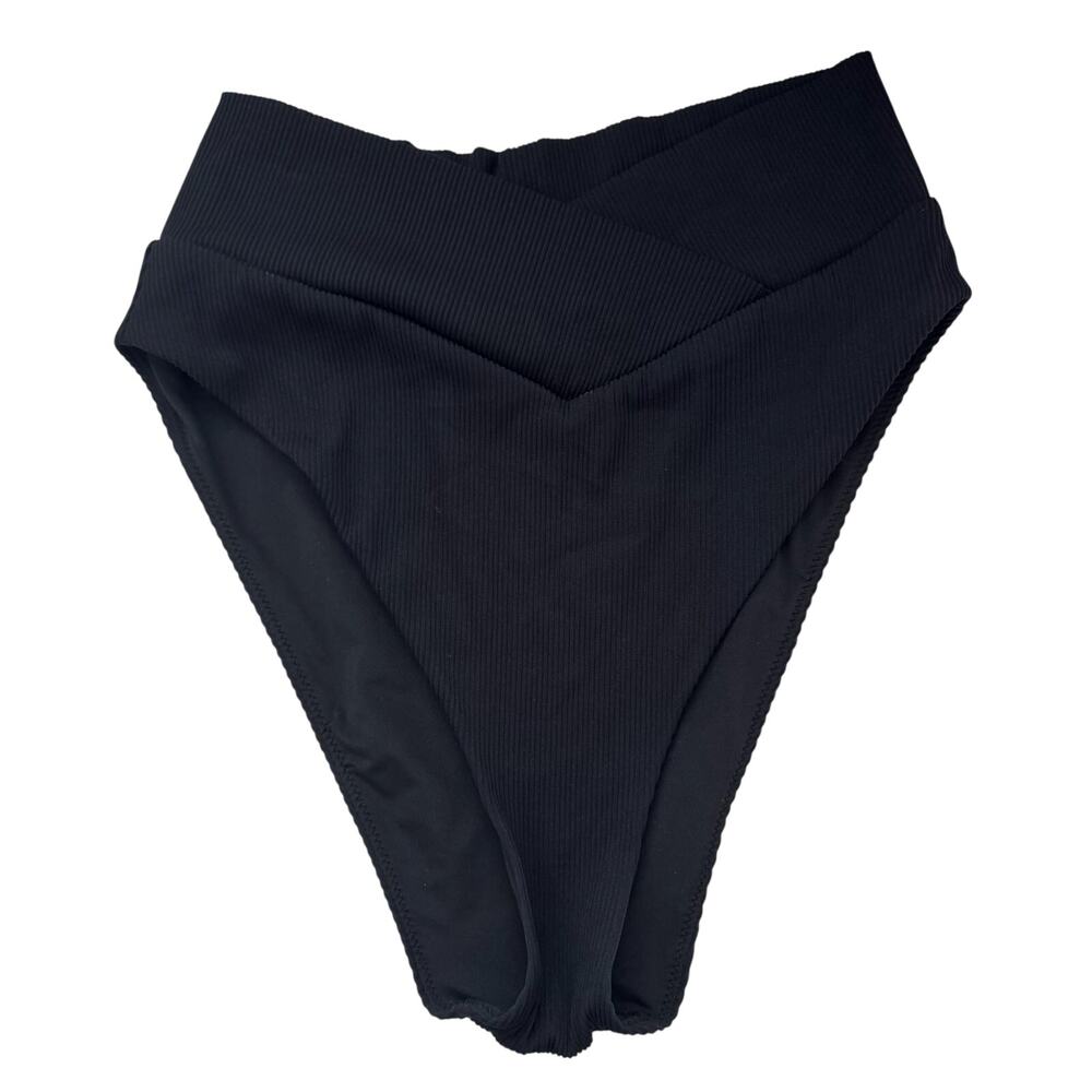 Aerie sz M Black High Cut Cheeky Ribbed Swim Bikini Bottom NWOT